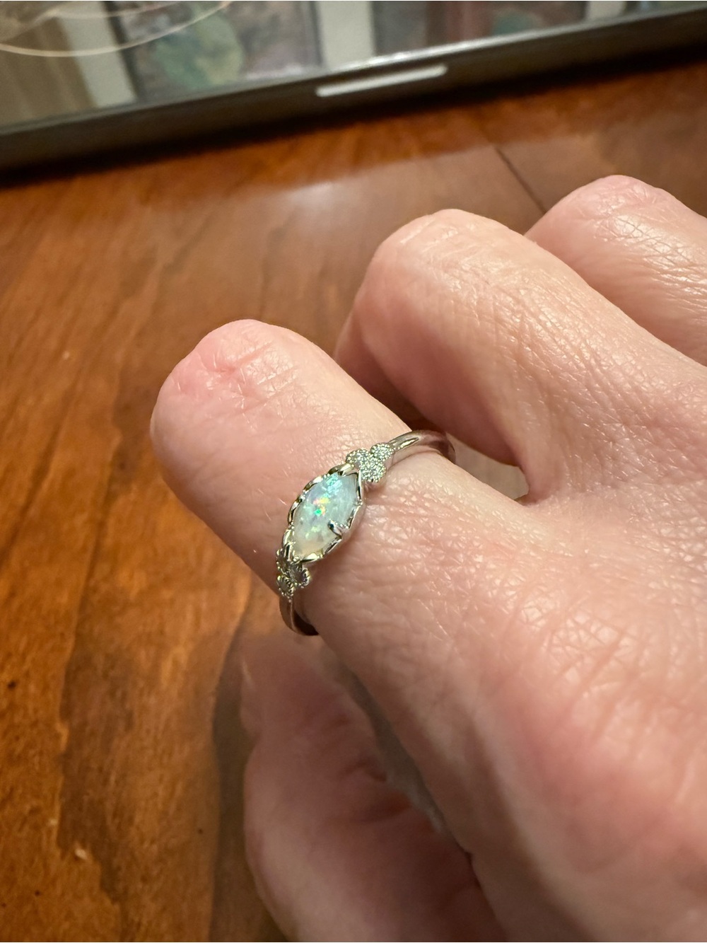 Marquise Opal Solitaire Ring in Silver - Opal White - size 8